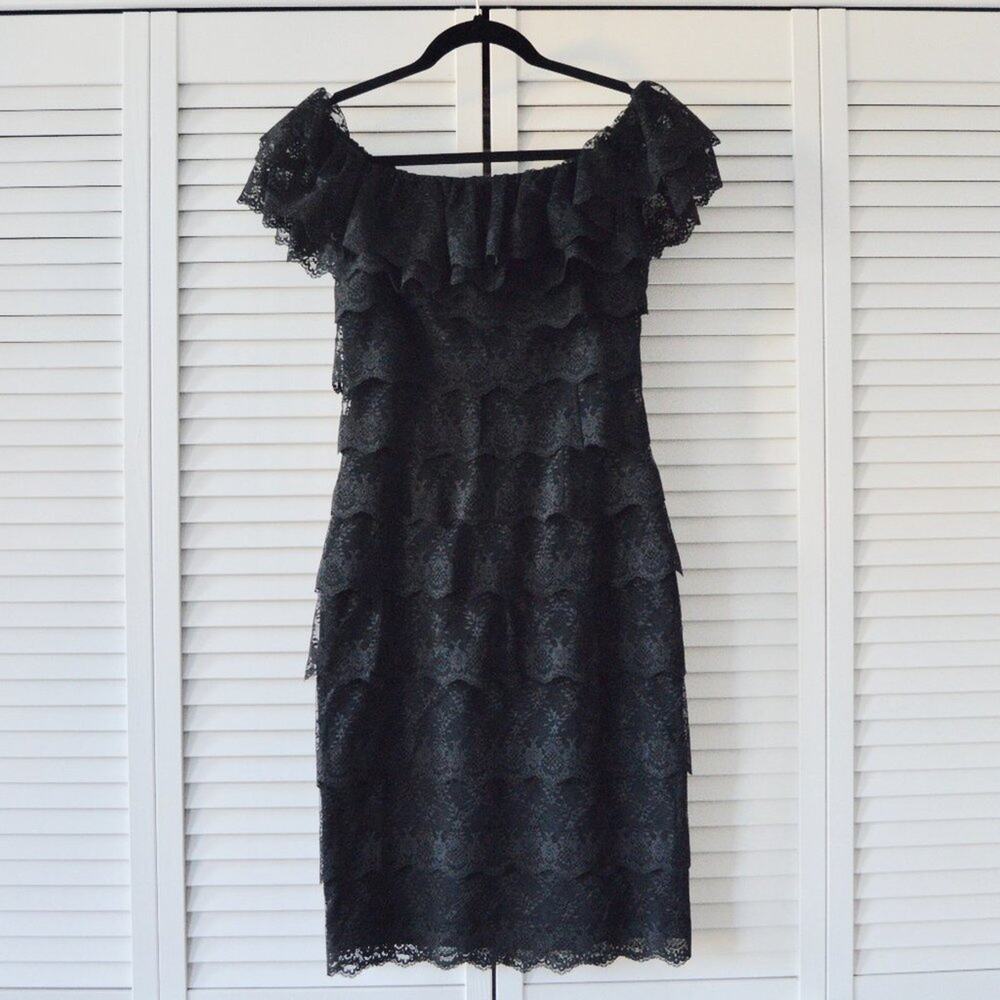 Tadashi Shoji Size 2 Vintage Black Lace Layered Cap Sleeve Dress | Size 2